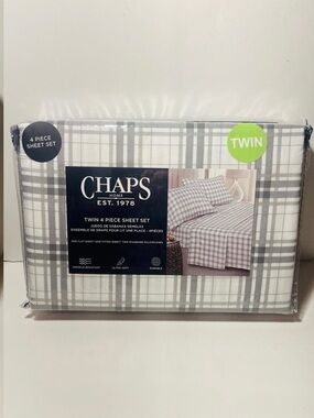 Chaps Twin Size 4 Piece Sheet Set Gray and White Plaid